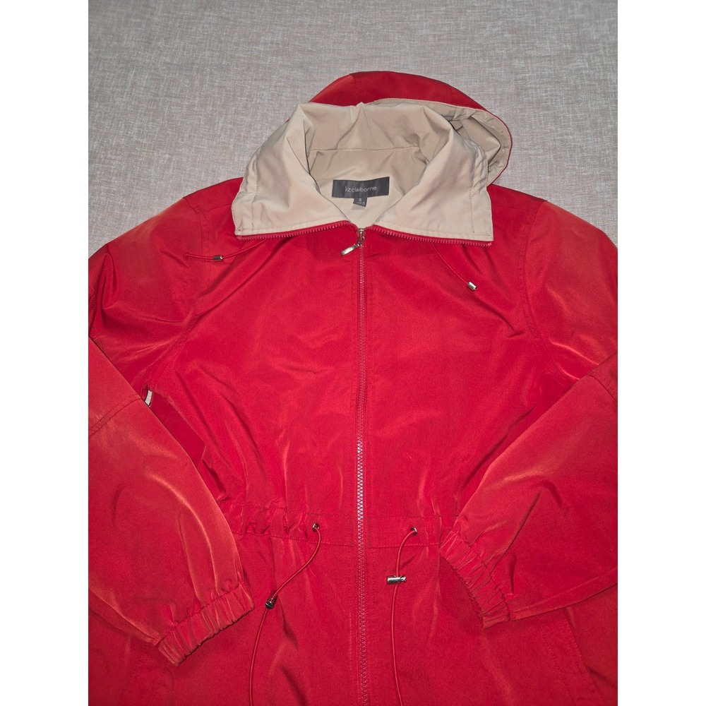 Liz‎ Claiborne Red Utility Jacket Women Small Full Zip Hooded Drawstring Waist